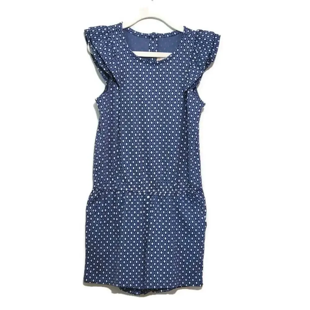 Gymboree Blue White Romper Diamond Print Short Sleeve Cotton Blend Girls Size 6